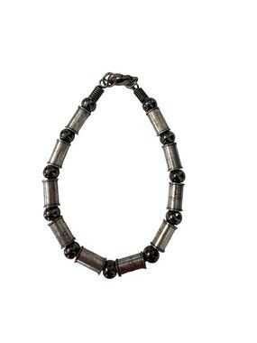 Vintage Hematite Tone Beaded Bracelet Silver Metal Tube Beads Weighty Non Stretc